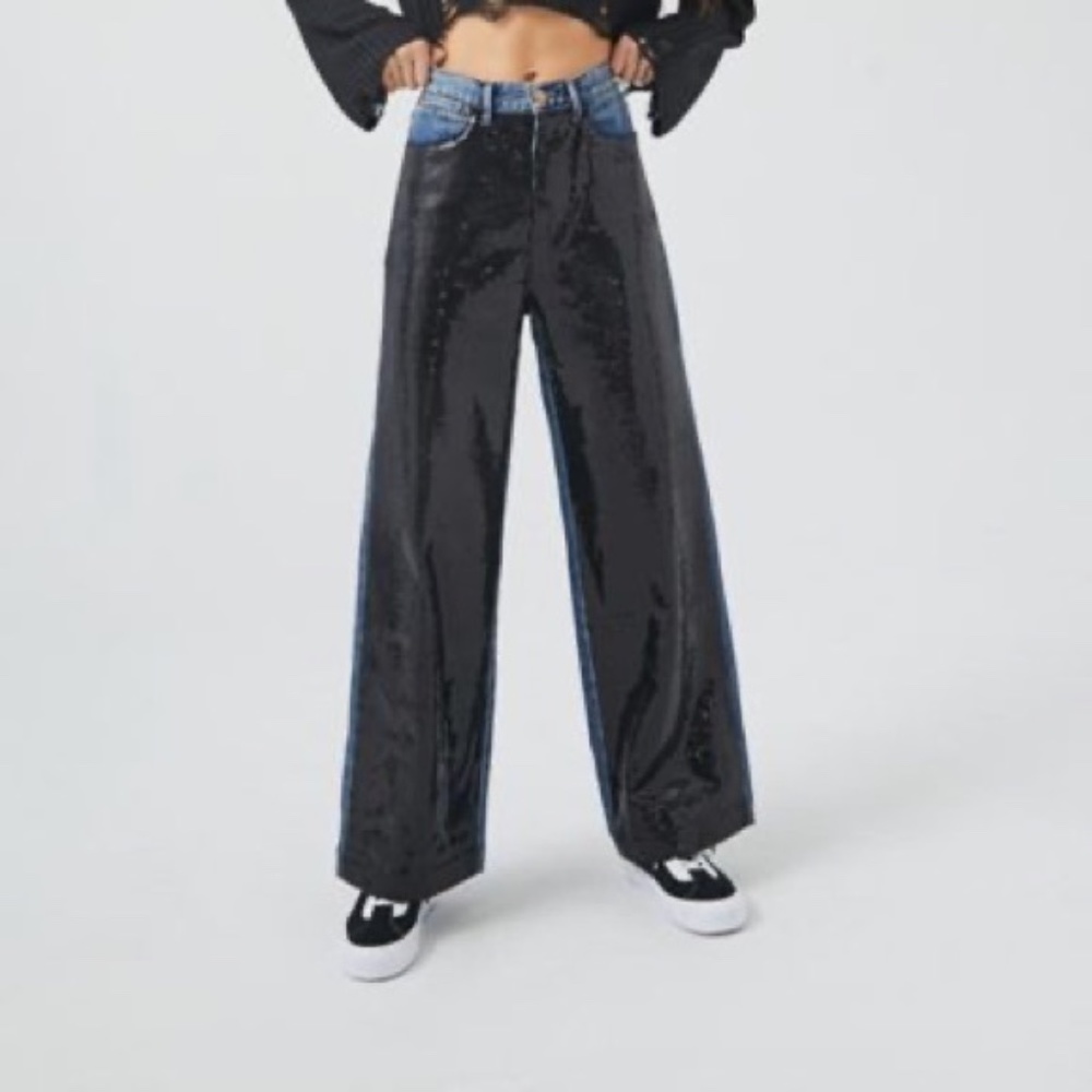 High-Waisted Wide Leg Jeans - Sequin Embellished Denim